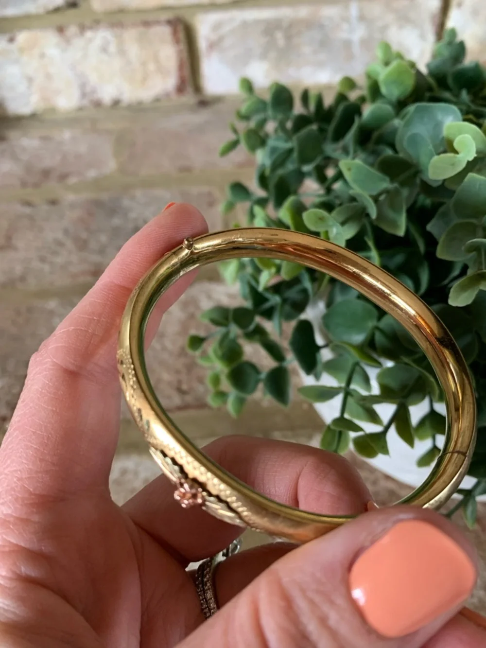 Vintage Gold Tone Floral Engraved Bracelet with Rose Accent
